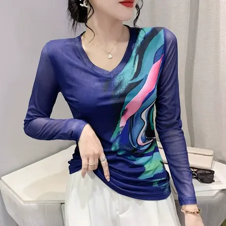时尚印花打底衫女长袖2024春秋新款洋气修身T恤性感网纱V领上衣潮商品大图