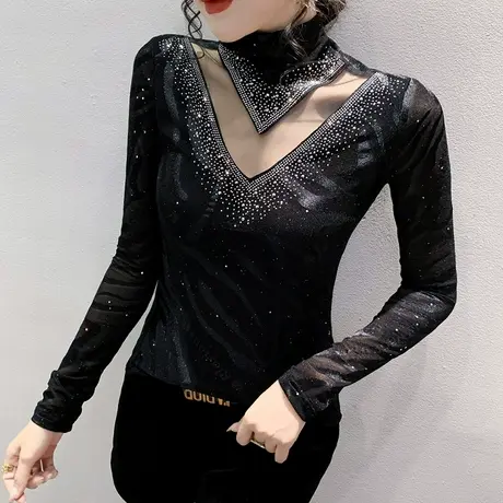 性感网纱T恤女士欧货别致镂空烫钻上衣内搭半高领打底衫长袖春秋商品大图