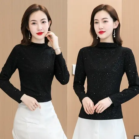 春秋季新款时尚高领修身黑色的打底上衣亮片纯色薄款网纱洋气上衣图片