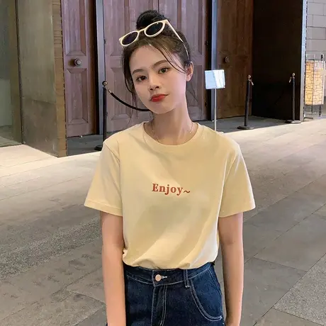奶油黄短袖T恤女2024年夏季新款简约字母宽松半袖正肩纯棉上衣潮商品大图
