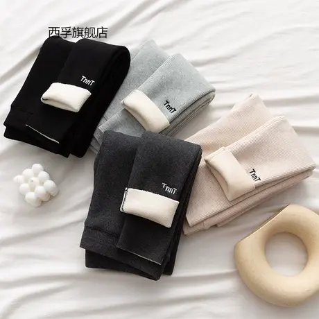 秋冬季新款打底裤女外穿加绒螺纹绣字高腰紧身加厚羊羔绒棉裤图片