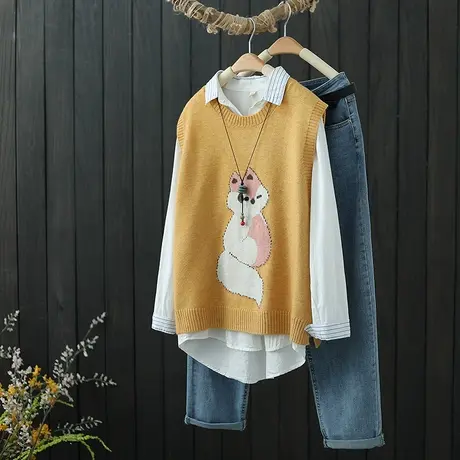 针织马甲女2022春秋季新品宽松圆领套头坎肩无袖毛衣背心外穿马夹商品大图