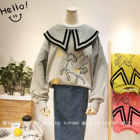 海军蕾丝娃娃领卫衣韩国东大门2020秋刺绣小马宽松卫衣显瘦荷叶边图片