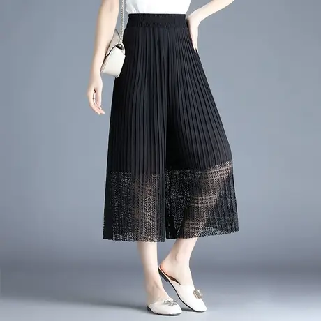 百褶裙裤阔腿裤女夏2023新款松紧腰宽松七分蕾丝雪纺裤垂感九分裤商品大图