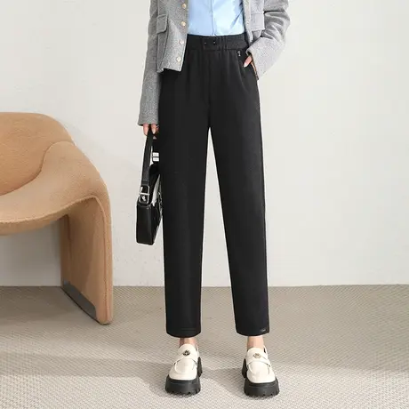 时尚羊毛呢小直筒裤女秋冬2023新款松紧高腰显瘦小个子百搭休闲裤商品大图