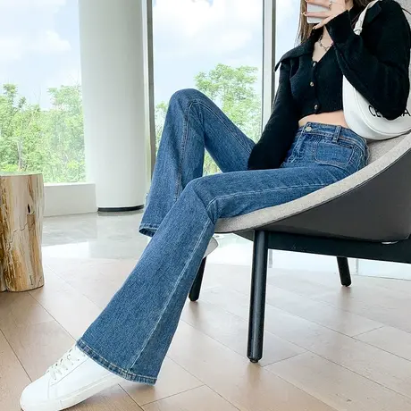 高腰微喇牛仔裤女秋冬2023年新款修身显瘦拖地马蹄喇叭裤子图片