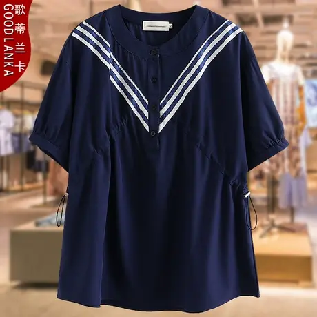 加肥加大码中年妈妈装夏季衬衣2023新款宽松洋气收腰短袖T恤上衣商品大图