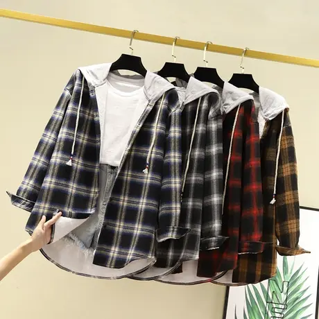 韩版连帽bf宽松加绒加厚格子衬衫女长袖秋冬百搭学生保暖衬衣外套商品大图