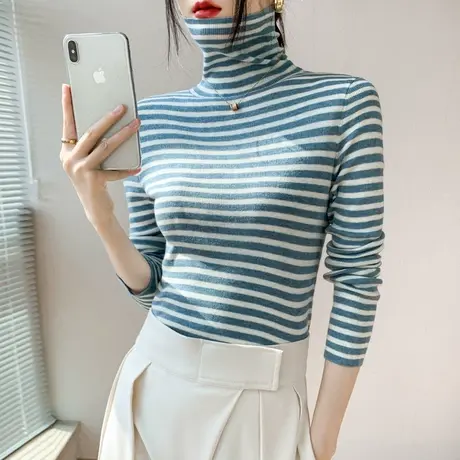 羊毛高领条纹针织衫女2023秋冬新款长袖内搭毛衣保暖修身打底衫商品大图