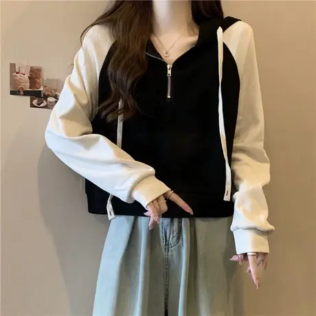 撞色拼接插肩袖连帽卫衣女春秋韩版宽松短款小个子薄款上衣潮牌商品大图