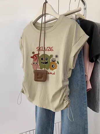 韩系chic无袖坎肩t恤女短袖夏季短款抽绳ins潮宽松显瘦小飞袖上衣商品大图