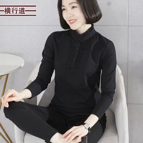 2025新款春季简约立领打底衫蕾丝织带纯色长袖T恤女装大码上衣服图片