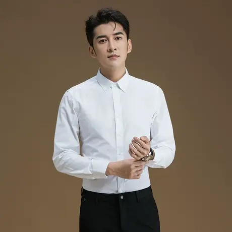 POWO白衬衫男长袖商务休闲春季新款韩版修身正装纯色免烫男士衬衣图片