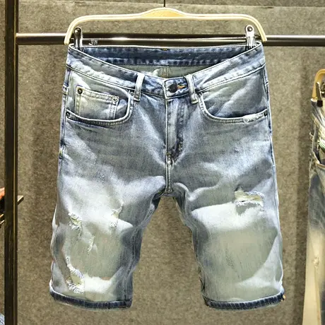 夏季弹力牛仔短裤男大码宽松五分裤ins潮牌破洞原创休闲马裤薄款商品大图