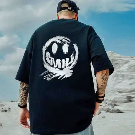 小恶魔鬼脸涂鸦印花潮流短袖T恤简约时尚宽松休闲胖子大码上衣男商品大图
