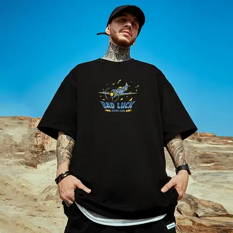 2024重磅潮牌宽松T恤美式短袖胖子五分半袖纯棉简约大码男装夏季商品大图