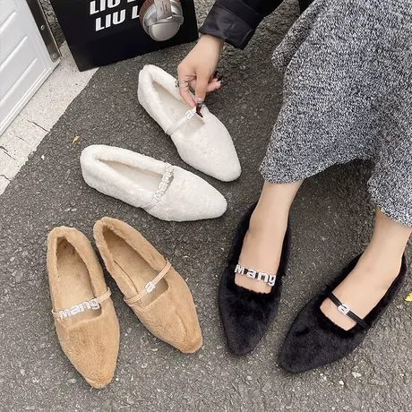 尖头小香风毛毛拖鞋女鞋子外穿2023新款法式晚晚风加绒平底棉拖鞋商品大图