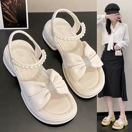 坡跟凉鞋女2023新款夏季厚底蝴蝶结珍珠中跟配裙子淑女一字带女鞋商品大图