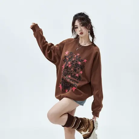 YEP美拉德潮牌圆领卫衣女春秋2024新款复古宽松oversize上衣商品大图