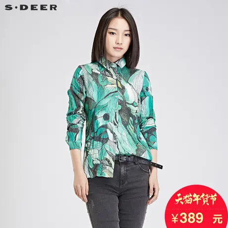 sdeer圣迪奥女2018春装静谧线性绿意印花长袖休闲衬衫S16480520图片