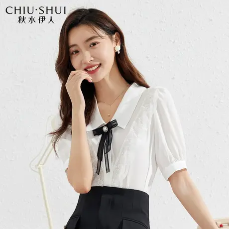 秋水伊人V领衬衫2022夏季新款女装时尚蝴蝶结轻薄雪纺短袖上衣图片