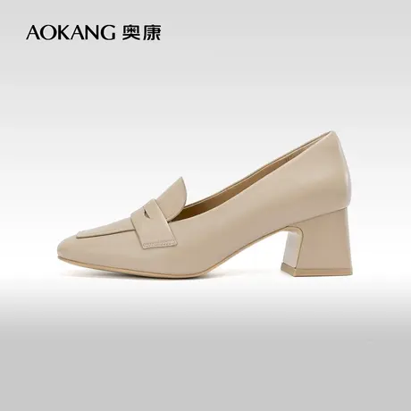 奥康女鞋 2023秋季新款简约百搭一脚蹬粗跟单鞋黑色通勤女单鞋图片