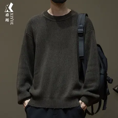 希越慵懒风圆领毛衣男冬季美式休闲针织衫宽松大码男士高级感线衣图片