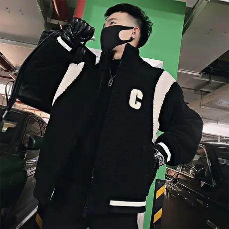 羊羔毛棉服男冬季2023新款潮牌个性拼色加厚冬装摇粒绒棉衣外套图片