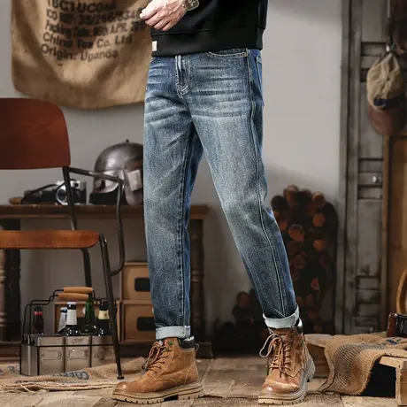 高端水洗复古蓝牛仔裤男款修身小直筒裤子潮流百搭耐磨宽松长裤子商品大图