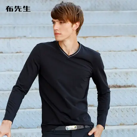 MrBu布先生长袖T恤 打底衫黑色时尚长袖v领打底衫 男 BT1150商品大图