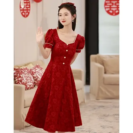 敬酒服新娘小个子订婚礼服女夏季平时可穿法式酒红色连衣裙成人礼商品大图