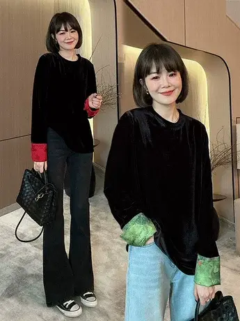 2024新款丝绒拼接撞色宽松圆领上衣新中式气质百搭高级感衬衫女潮商品大图