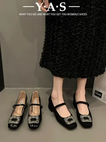 法式粗跟方头水钻单鞋仙女鞋子2024年新款春季黑色玛丽珍晚晚鞋商品大图