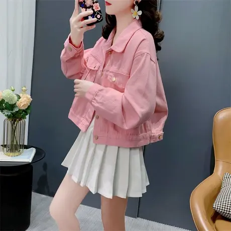 粉色短款牛仔外套女春季2024年新款宽松洋气休闲港味复古夹克上衣图片