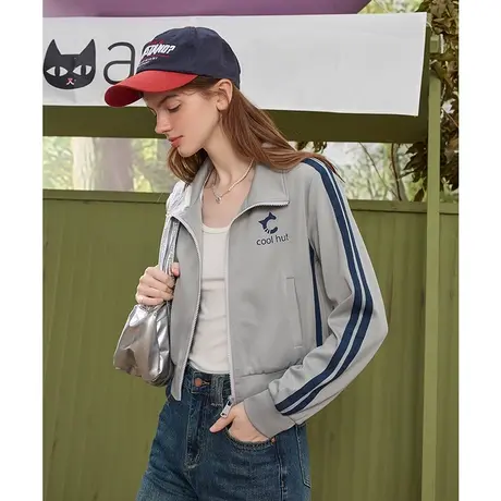 a022024春季新款美式立领运动风长袖上衣休闲短款女式外套图片