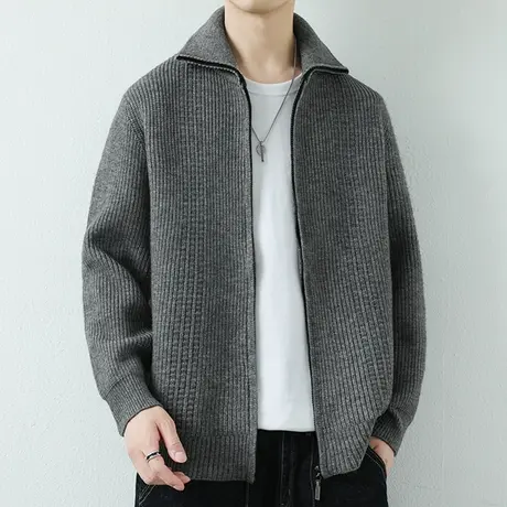 翻领毛衣外套男春秋款针织开衫夹克男潮牌褂子青少年高级感毛线衣商品大图