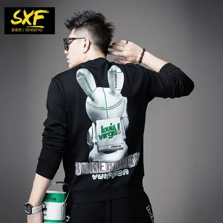 SXF圣希梵2024春秋新款圆领卫衣男 潮牌太空兔印花帅气男士套头衫商品大图