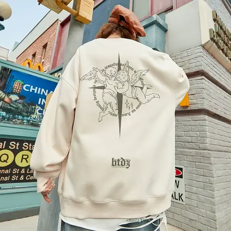 卫衣男春秋重磅潮牌2023新款圆领无帽大码美式高街复古天使外套商品大图