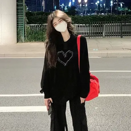 加绒加厚圆领卫衣女大码秋冬小众oversize慵懒风古着vintage上衣图片