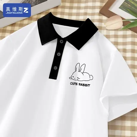 真维斯Z+白色短袖t恤女夏季2024新款polo衫学院风拼色翻领上衣夏H图片