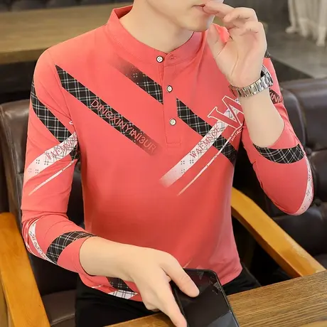 立领纯棉长袖t恤男士春秋季休闲薄款秋衣青年修身潮流百搭打底衫商品大图