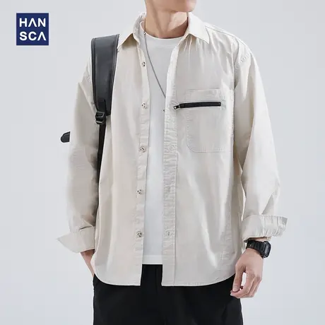 hansca休闲衬衫长袖男高级感青少年春季美式复古重磅工装衬衣外套商品大图