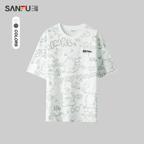 三福2024夏季男士满版图案短T恤 趣味休闲宽松圆领上衣483461商品大图