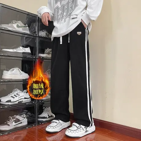 美式条纹休闲裤男秋冬季加绒加厚直筒拖地裤青少年保暖运动长裤子商品大图