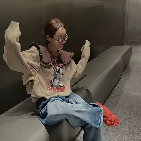 韩国东大门卡通图案减龄卫衣女春秋薄款系带娃娃假领百搭外套上衣图片