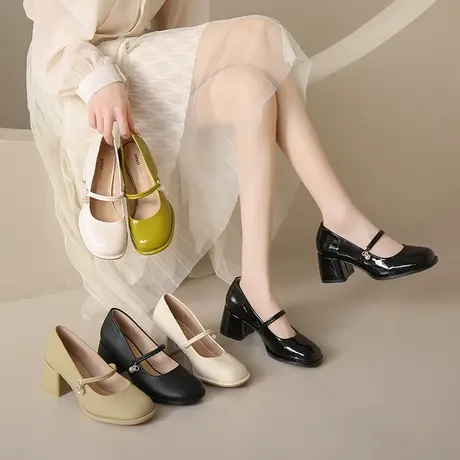 旗袍鞋子玛丽珍单鞋女2024新款仙女粗跟高跟鞋软皮晚晚温柔伴娘鞋图片