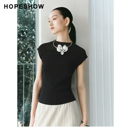 红袖肌理感套头无袖针织衫hopeshow2024春季新款显瘦轻薄绝美上衣图片