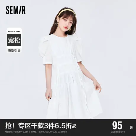 森马连衣裙女宽松圆领羊腿袖纯色优雅2022夏新款收腰肌理裙子法式图片