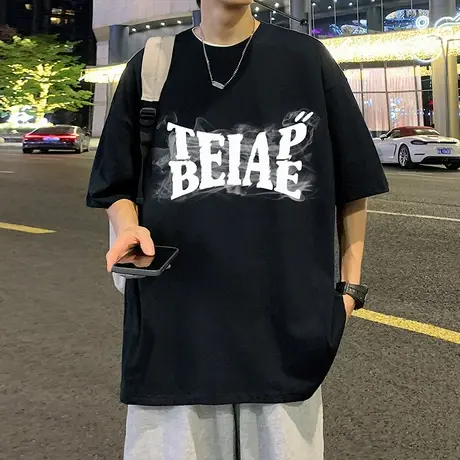 夏季纯棉短袖t恤男潮流休闲半袖2023新款体恤情侣装美式高街上衣t商品大图