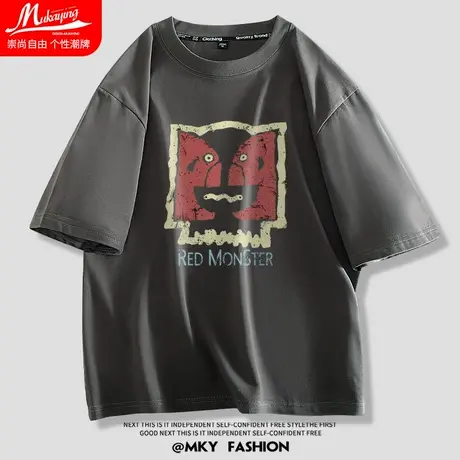 深灰色宽松t恤男士短袖夏季美式复古潮牌纯棉2023新款上衣服半袖商品大图